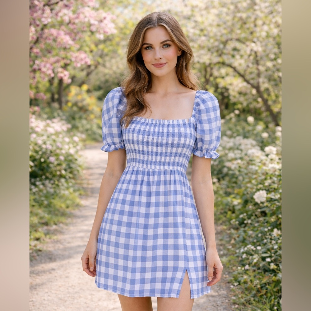 Smocked Blue Gingham Mini Dress with Puff Sleeves -  Dress Beach Summer Dress